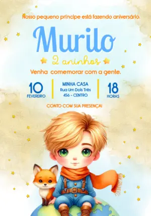 Convite Digital Pequeno Príncipe Aquarela para Editar e Enviar