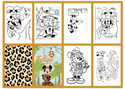 Mini Livro de Colorir Mickey Safari Editável para Aniversário Infantil