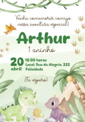 Convite Aniversário Dinossauro Baby Aquarela para Editar