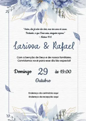 Convite de Casamento Clássico Aquarela Azul para Editar