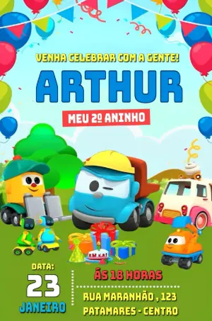 Convite de Aniversário Léo o Caminhão para Editar Online