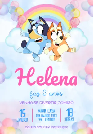 Convite de Aniversário Bluey e Bingo Aquarela para Editar