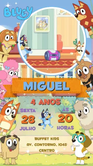 Convite Animado Aniversário Bluey e Bingo para Editar Online