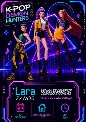 Convite de Aniversário Guerreiras do K-Pop Neon Editável