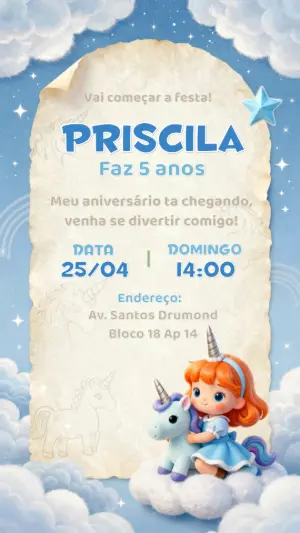 Convite de Aniversário Unicórnio Fofo 3D Editável