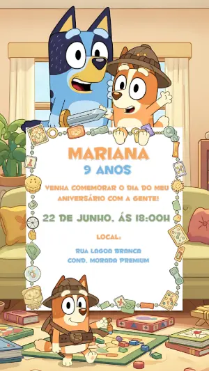 Convite de Aniversário Bluey e Bingo para Editar Online