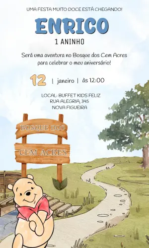 Vídeo Convite Ursinho Pooh Aquarela para Aniversário Editável
