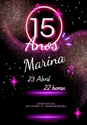 Convite 15 Anos Neon com Brilho para Editar Online