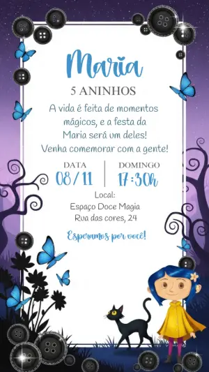 Convite de Aniversário Coraline Misterioso para Editar Online