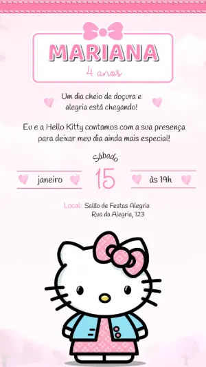 Convite de Aniversário Hello Kitty Rosa Fofo para Editar