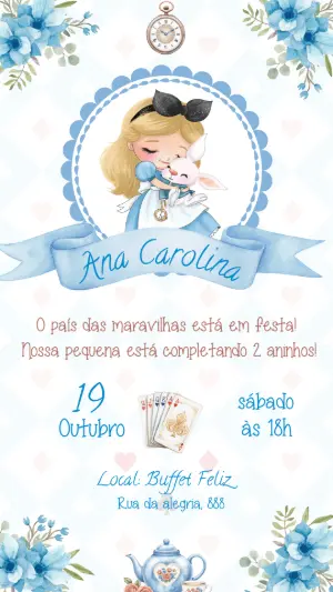 Convite de Aniversário Alice no País das Maravilhas Azul Editável