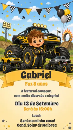 Convite de Aniversário Monster Truck: Modelo Digital Editável