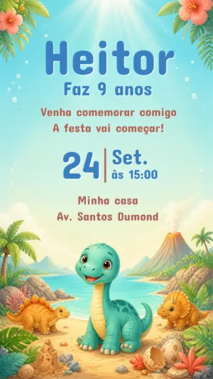 Convite de Aniversário Dinossauro Baby Editável para Menino