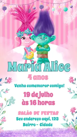 Convite de Aniversário Trolls com Poppy e Branch para Editar