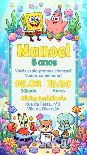 Convite de Aniversário Bob Esponja Colorido para Editar