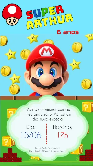 Convite de Aniversário Super Mario Editável para Festa Infantil