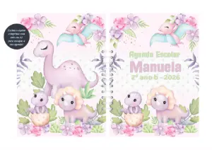 Agenda Escolar Dinossauros Rosa Editável para Imprimir