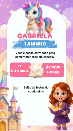 Convite de Aniversário Unicórnio Mágico e Castelo Editável