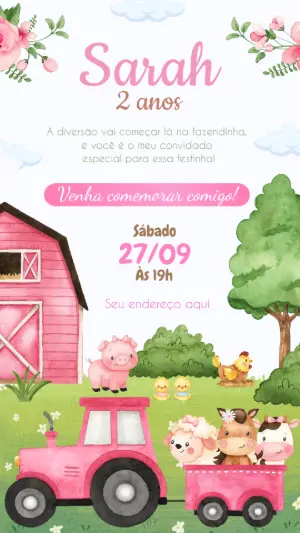 Convite Aniversário Fazendinha Rosa para Editar Online