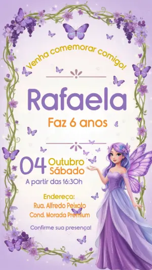 Convite de Aniversário Fada Borboletas Lilás para Editar