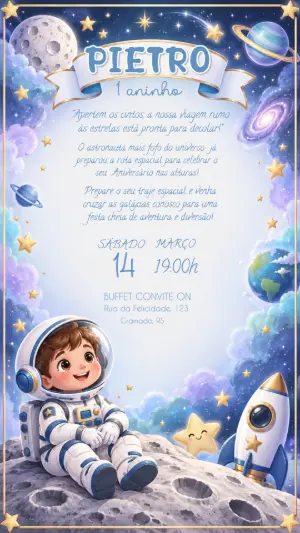 Convite de Aniversário Astronauta Menino Modelo Editável