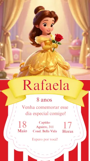 Convite Aniversário A Bela e a Fera Princesa Editável