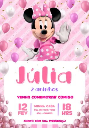 Convite de Aniversário Minnie Rosa com Balões para Editar