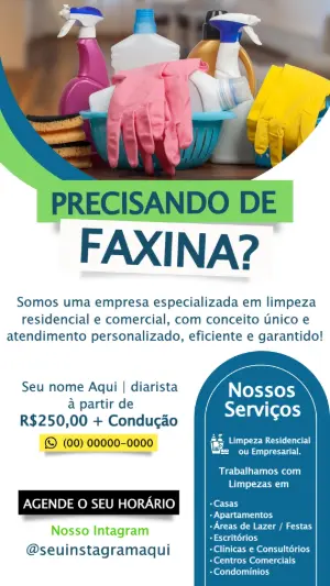 Cartão de Faxina e Limpeza Profissional Editável