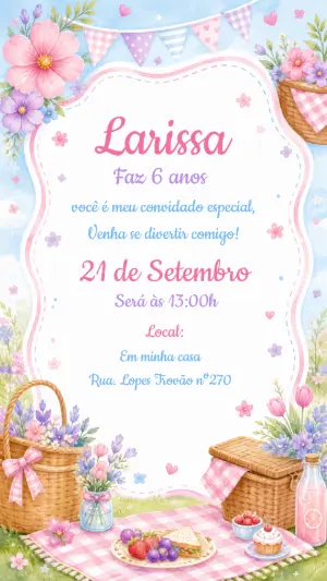 Convite de Aniversário Piquenique Aquarela para Editar