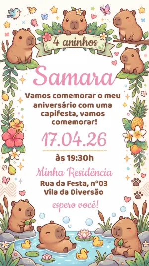 Convite de Aniversário Capivara Menina Fofo para Editar
