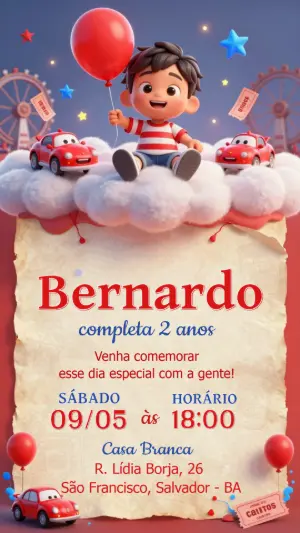 Convite Aniversário Menino Carros e Parque Modelo Editável