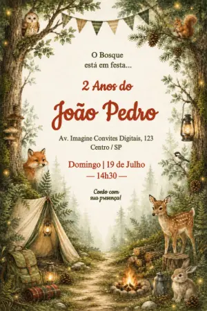 Convite Aniversário Bosque Encantado Animais Editável