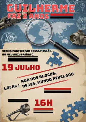 Convite Aniversário Detetive com Missão Secreta para Editar