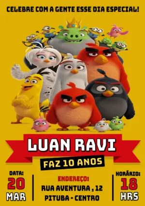 Convite de Aniversário Angry Birds Colorido para Editar