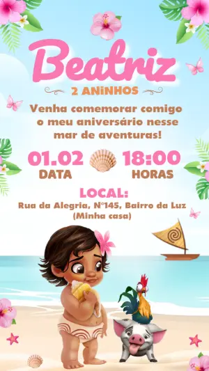 Convite de Aniversário Moana Baby Tropical para Editar Online