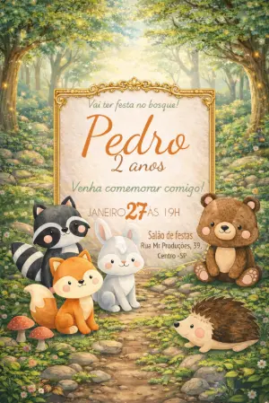 Convite Editável Aniversário Infantil Animais do Bosque