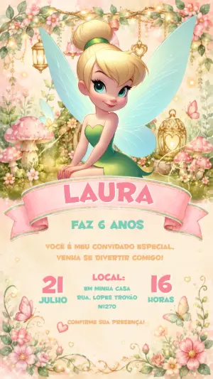 Convite de Aniversário Tinker Bell Floral Editável