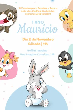 Convite Digital Infantil Baby Looney Tunes Modelo Editável