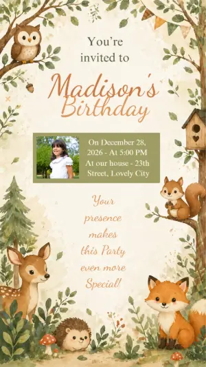 Cute Woodland Animals Birthday Invitation Editable Template