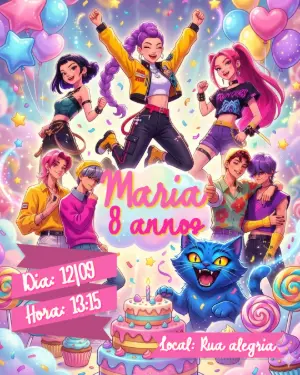 Convite de Aniversário Guerreiras do K-pop Colorido para Editar