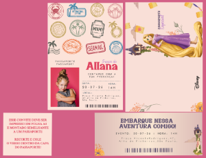 Convite de Aniversário Passaporte Passagem Aérea Rapunzel