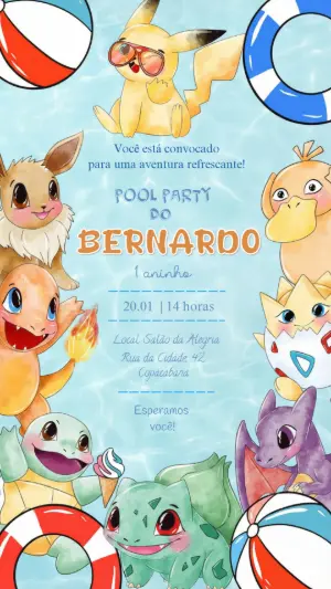 Convite Digital Pokémon Festa na Piscina para Editar