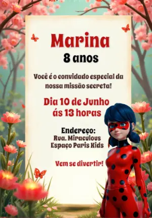 Convite de Aniversário Miraculous LadyBug para Editar Online