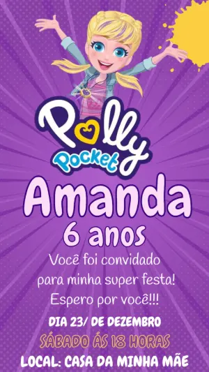 Convite de Aniversário Polly Pocket Roxo para Editar