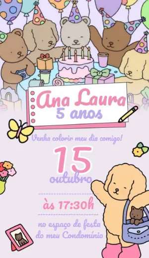 Convite de Aniversário Fofo com Ursinhos Editável Online