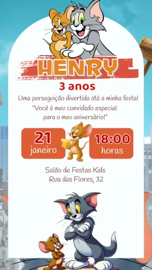 Convite de Aniversário Tom e Jerry para Editar Online