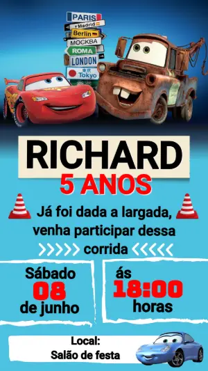 Convite de Aniversário Carros com Relâmpago McQueen Editável
