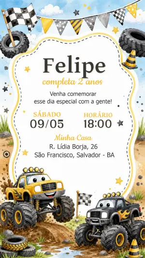 Convite de Aniversário Monster Truck Aquarela para Editar