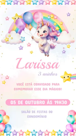 Convite de Aniversário Unicórnio Mágico para Editar
