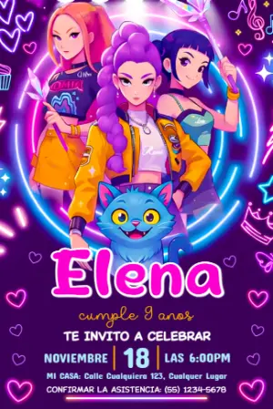 Invitación de Cumpleaños Las Guerreras K-Pop para Editar